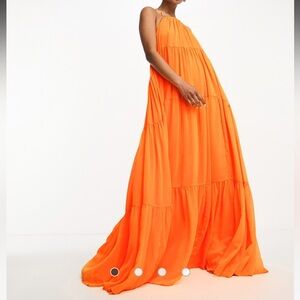 Detail halter neck trapeze tiered maxi dress in bright orange